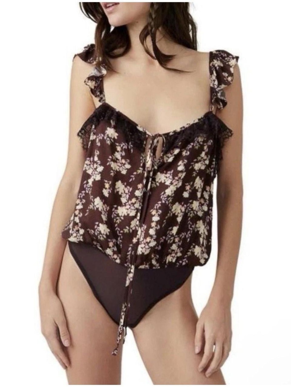 Free People Brown Floral Lace-Trim Chemise Bodysuit